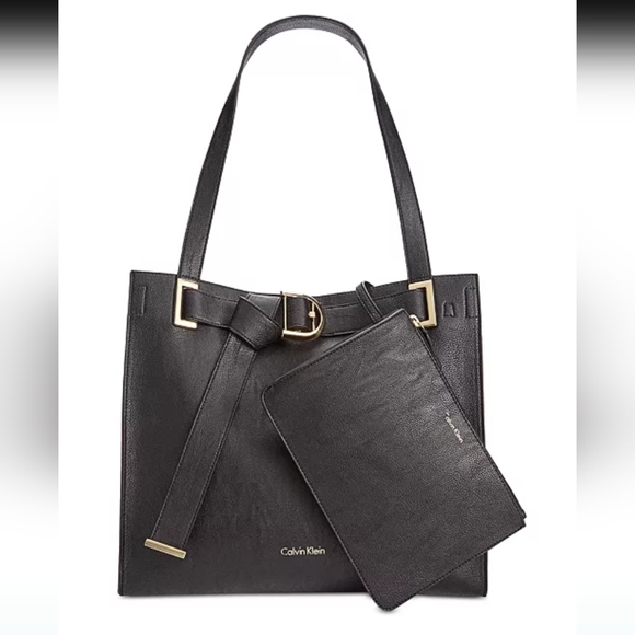 Calvin KleinNola Faux-Leather Pebble Tote with Detschable Pouch Black & Gold - Picture 1 of 9